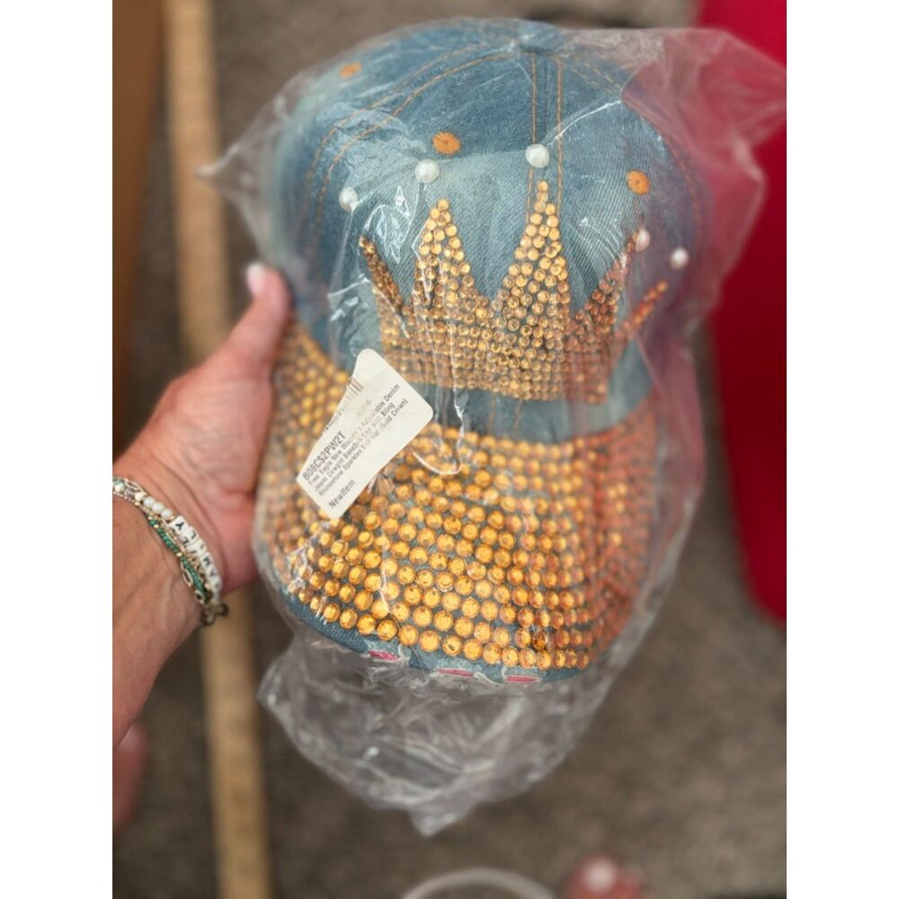 Denim and gold rhinestone baseball cap with crown